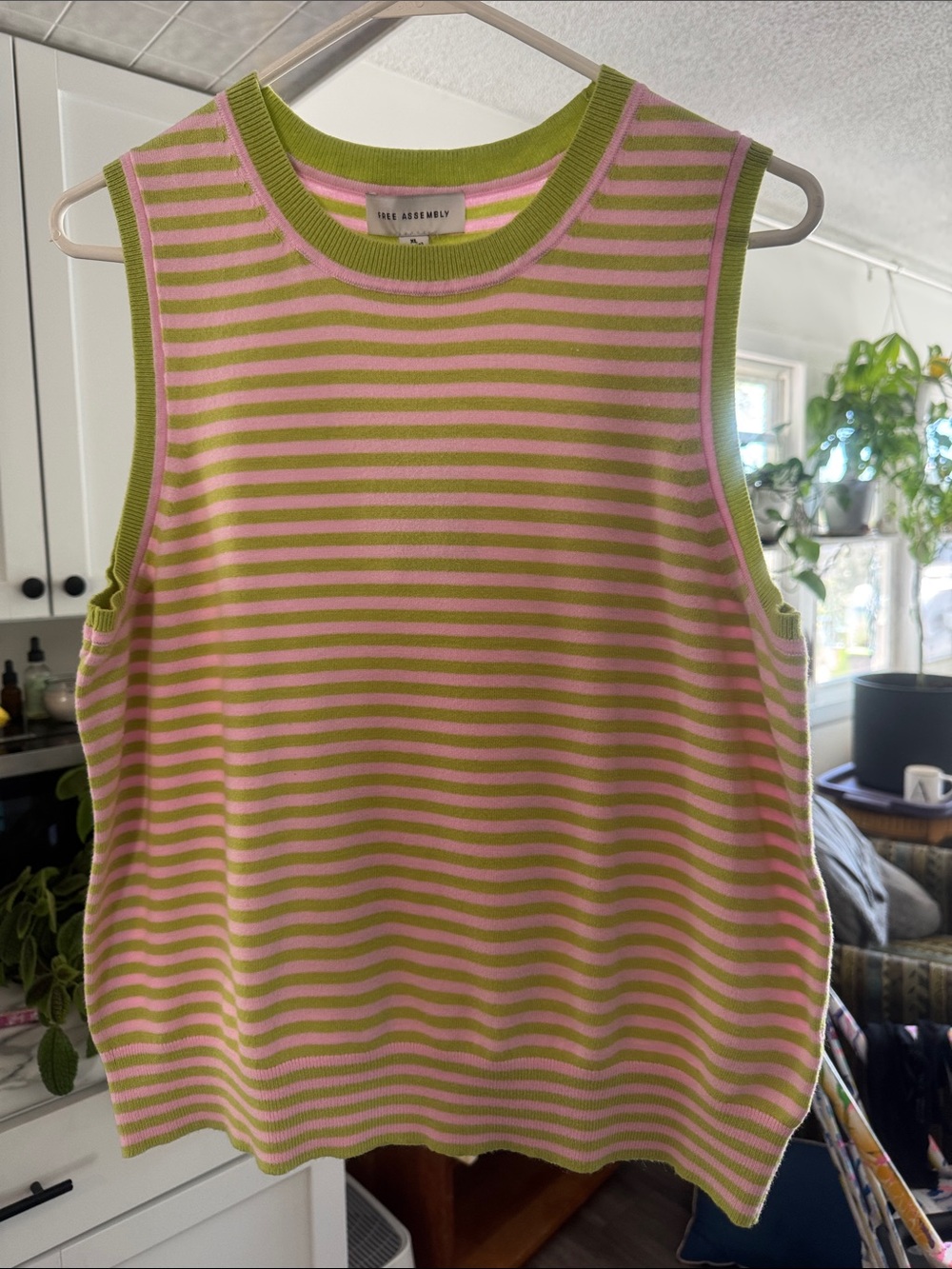 Striped Knit Tank Top in Lime Green & Pale Pink preppy size XL - Picture 6 of 7